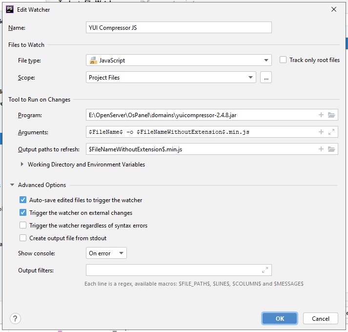 Настройки PhpStorm используя YuiCompressor Настройки PhpStorm используя YuiCompressor